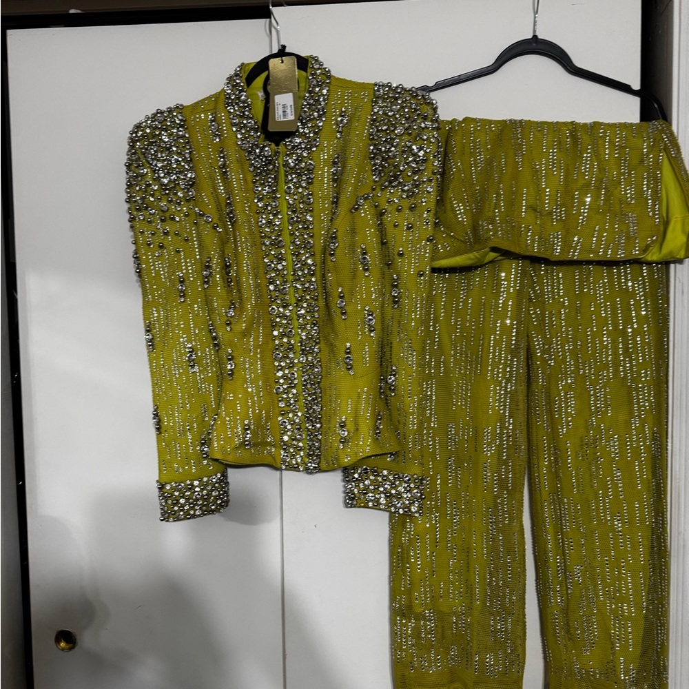 Vibrant Yellow Embellished Pantsuit with Flowing Palazzo Pants